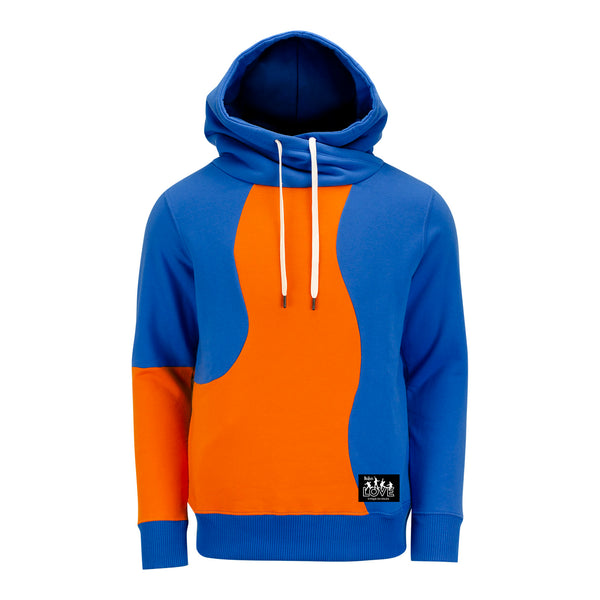 The Beatles LOVE Shawl Neck Pullover Hoodie in Blue/Orange - Front View