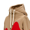 KÀ Shawl Neck Pullover Hoodie In Tan/Red - Zoomed in at Neck/Hood