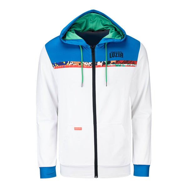 LUZIA Full Zip Hooded Sweatshirt in White and Blue - Front View