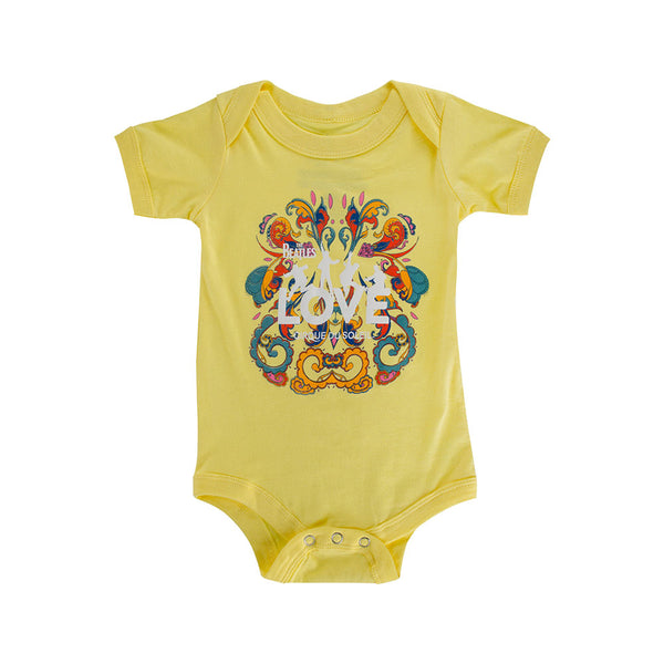 The Beatles LOVE Marquee Logo Retro Pattern Infant Onesie in Yellow - Front View