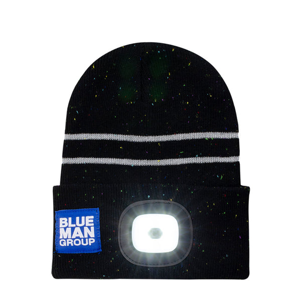 Blue Man Group Youth Splatter Beanie in Black - Front View, LED on