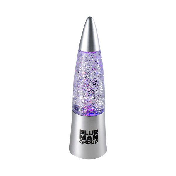 Blue Man Group Glitter Lamp in Silver - Front View, Lit Up Purple