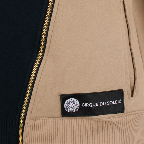 Cirque du Soleil Shawl Neck Zip Up Jacket in Black and Tan - Zoomed in on Cirque du Soleil patch