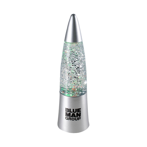 Blue Man Group Glitter Lamp in Silver - Front View, Lit Up Yellow-Green