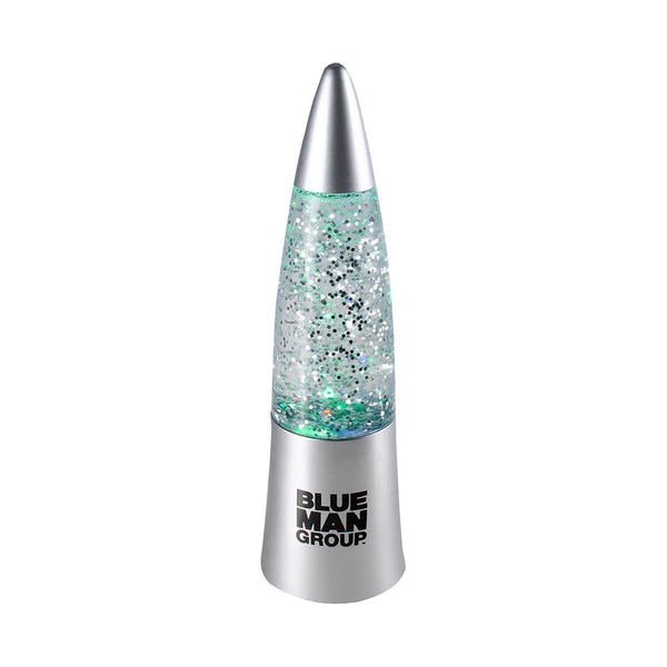 Blue Man Group Glitter Lamp in Silver - Front View, Lit Up Teal