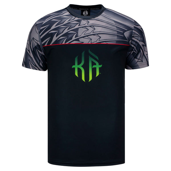 KÀ Adult Black Sublimated Marquee Logo and Art T-Shirt in Black and Grey - Front View