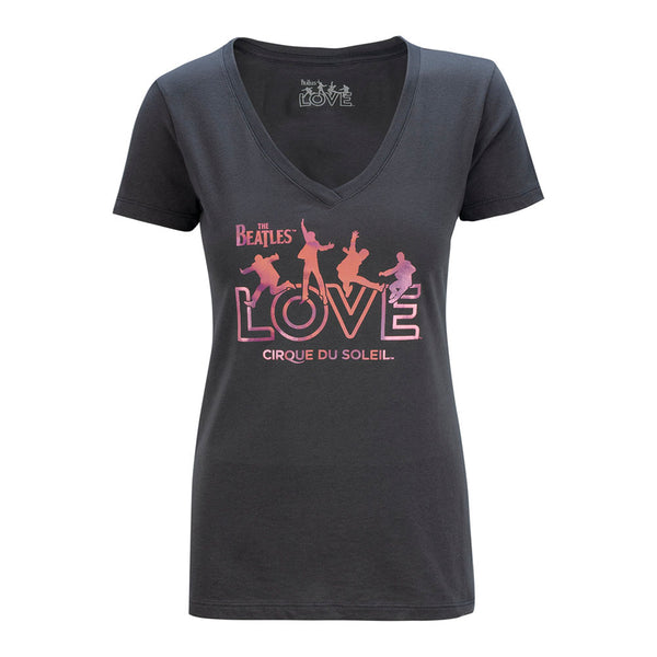 The Beatles LOVE Ladies Grey V-Neck T-Shirt with Pink Foil - Front View